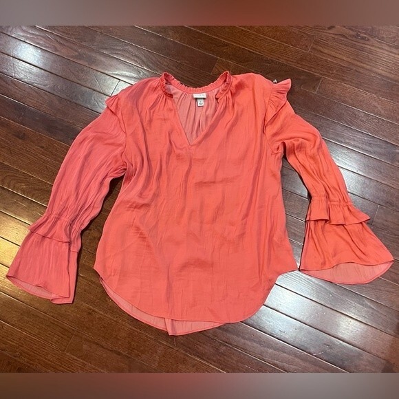 A new day long ruffle bell sleeve vneck pink salmon top size large - Picture 3 of 5
